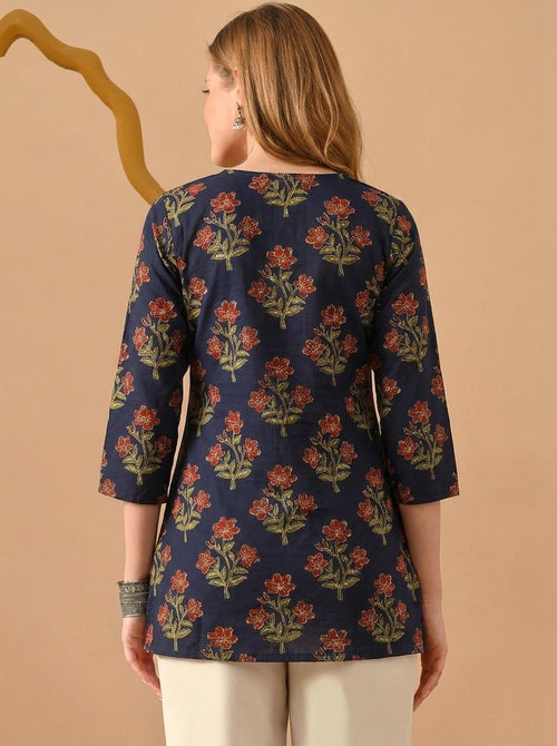 Floral Printed Navy Blue Pure Cotton Short Kurti.