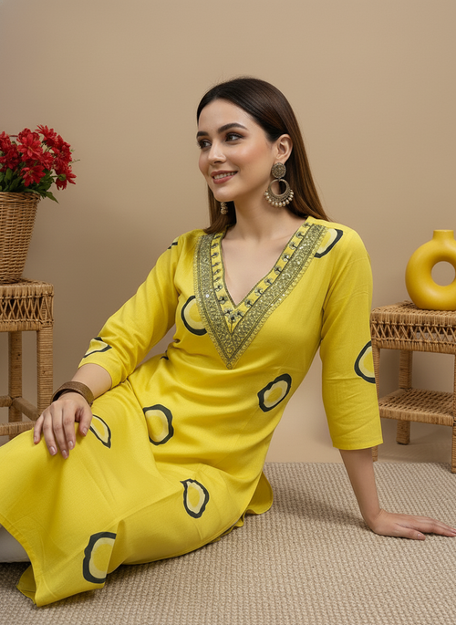 Yellow Printed Embroidered Pure Cotton Straight Kurta.