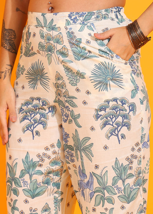 White And Blue Floral Print Cotton Co-ord set.