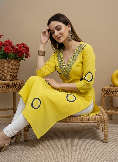 Yellow Printed Embroidered Pure Cotton Straight Kurta.