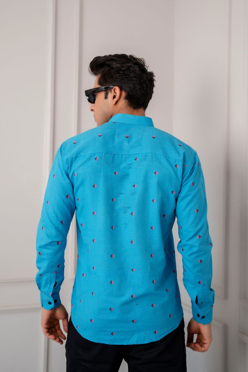 Men Cotton Printed Short Sky Blue Kurta.