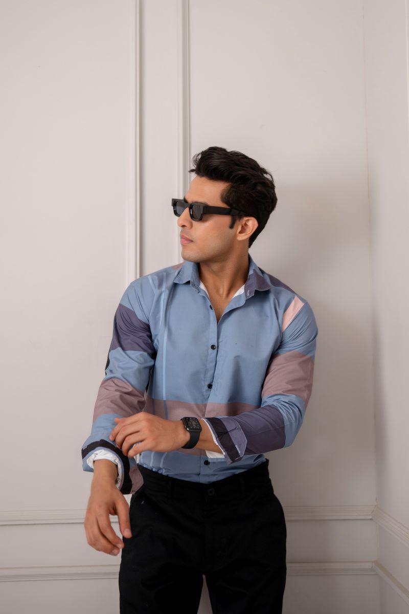 Stylish Color Block Print Blue Shirt.