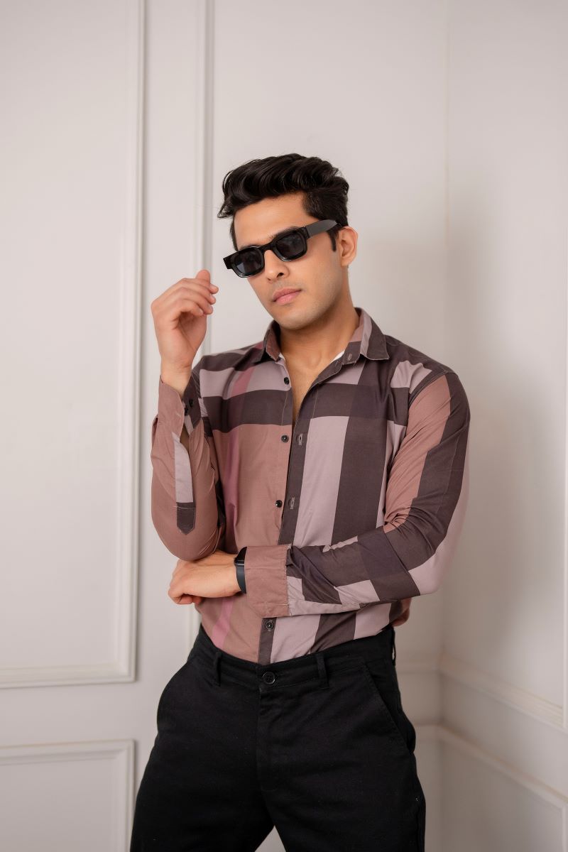 Stylish Color Block Print Brown Shirt.