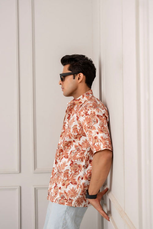 Sneezy Breezy Floral Print Orange Oversized  Shirt.