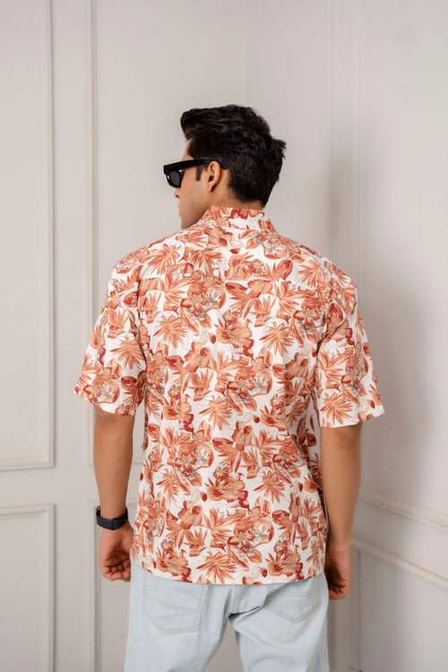 Sneezy Breezy Floral Print Orange Oversized  Shirt.