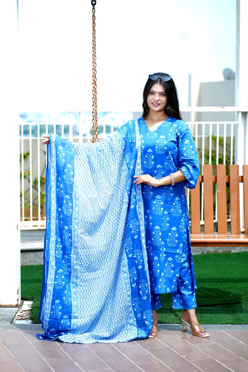 Blue Floral Kurta pant and dupatta set.