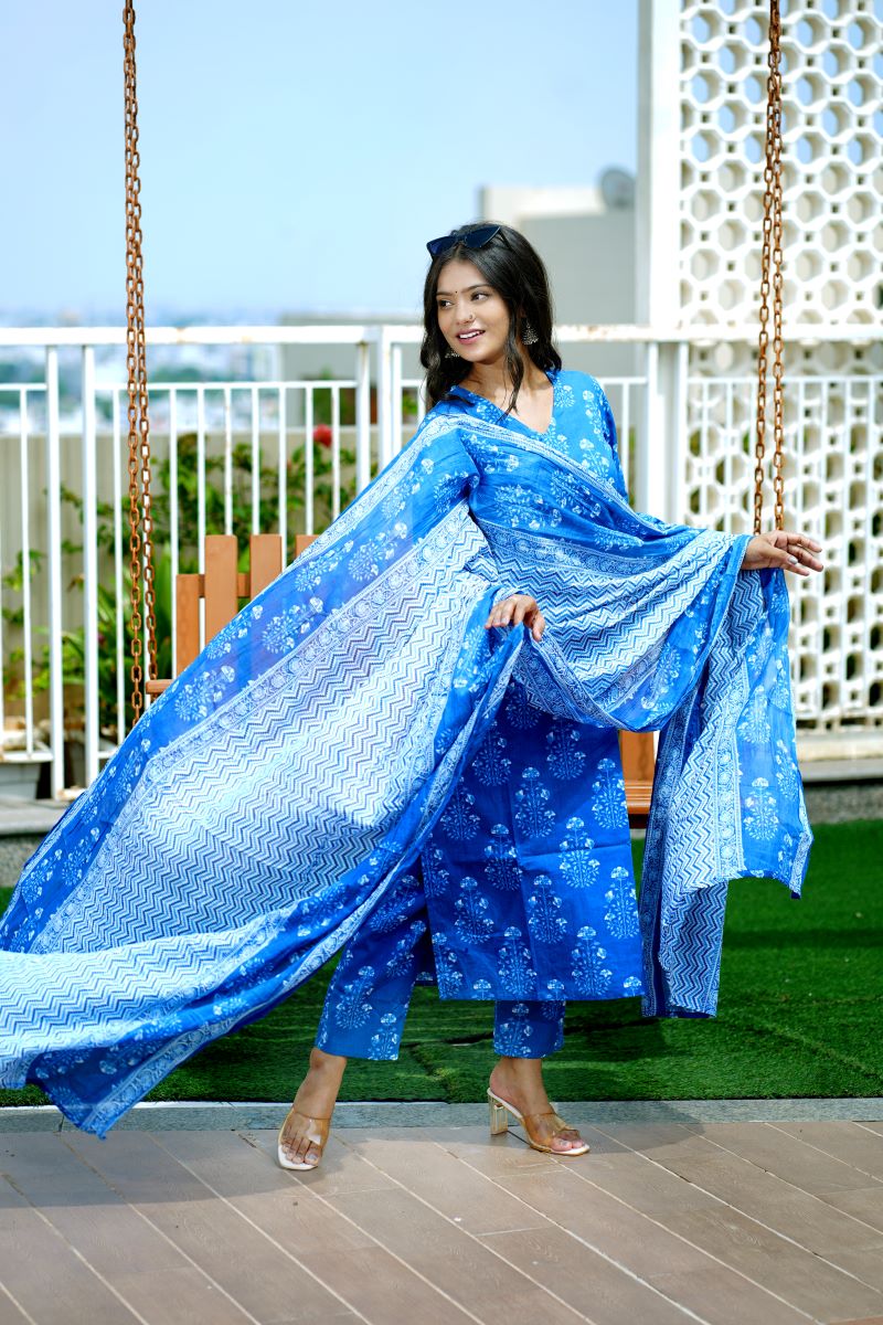 Blue Floral Kurta pant and dupatta set.