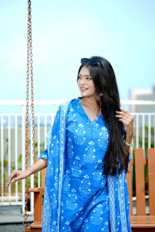 Blue Floral Kurta pant and dupatta set.