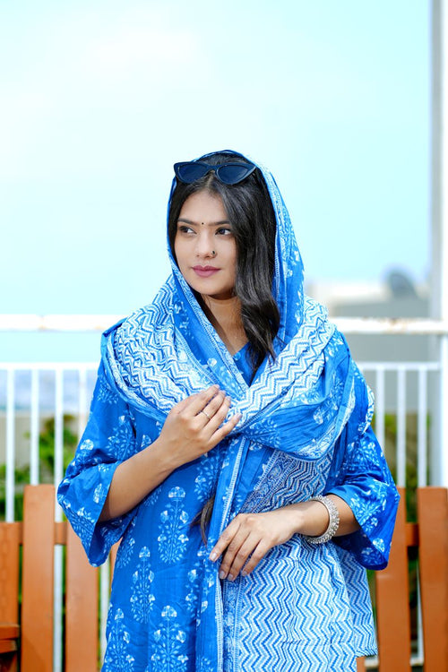 Blue Floral Kurta pant and dupatta set.