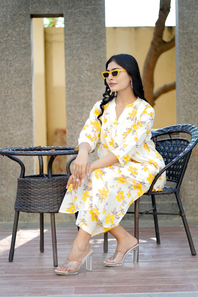 Yellow Floral Print Cotton Co-ord set.