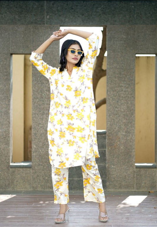 Yellow Floral Print Cotton Co-ord set.