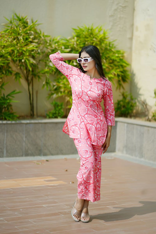 Pink Floral Jaal Print Cotton Co-ord set.