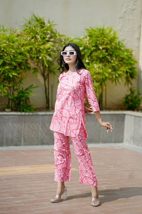 Pink Floral Jaal Print Cotton Co-ord set.