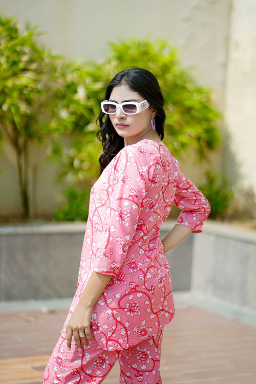 Pink Floral Jaal Print Cotton Co-ord set.