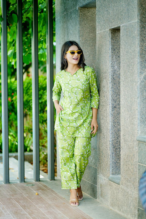 Green Floral Jaal Print Cotton Co-ord set.