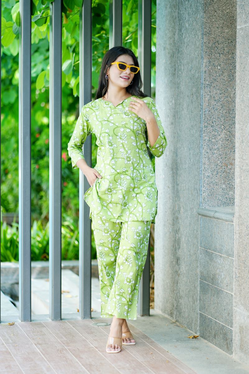 Green Floral Jaal Print Cotton Co-ord set.