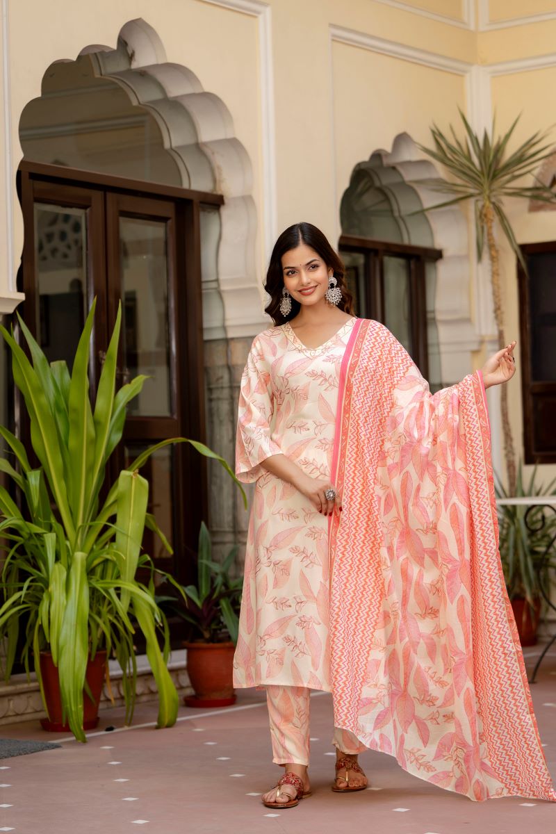 Pink Floral Printed Embroidered Kurta , Pant And Dupatta set.