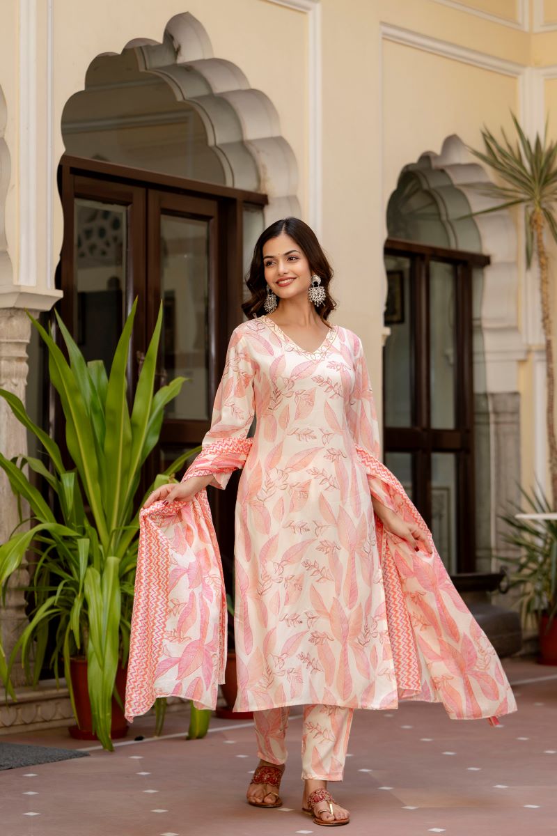 Pink Floral Printed Embroidered Kurta , Pant And Dupatta set.