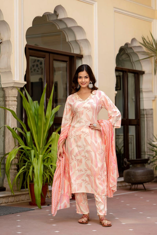 Pink Floral Printed Embroidered Kurta , Pant And Dupatta set.