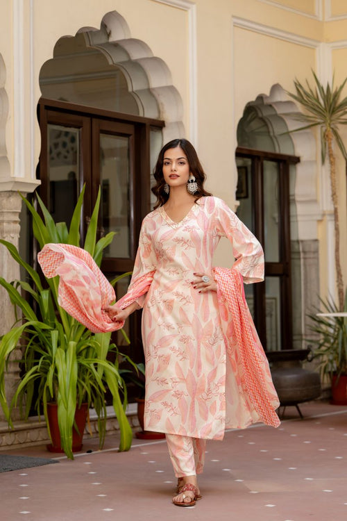 Pink Floral Printed Embroidered Kurta , Pant And Dupatta set.