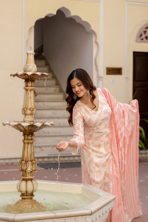 Pink Floral Printed Embroidered Kurta , Pant And Dupatta set.