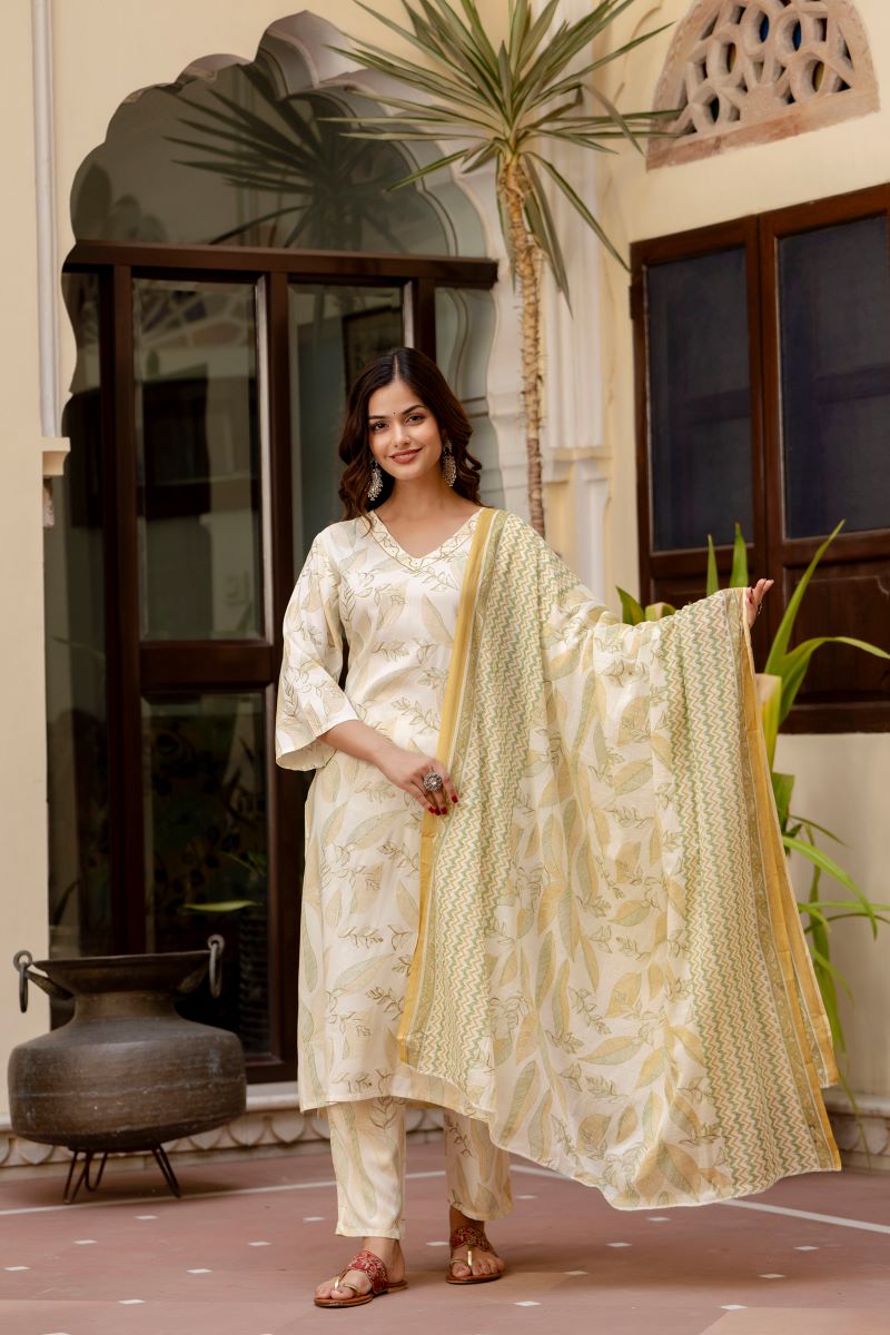 Green Floral Printed Embroidered Kurta , Pant And Dupatta set.