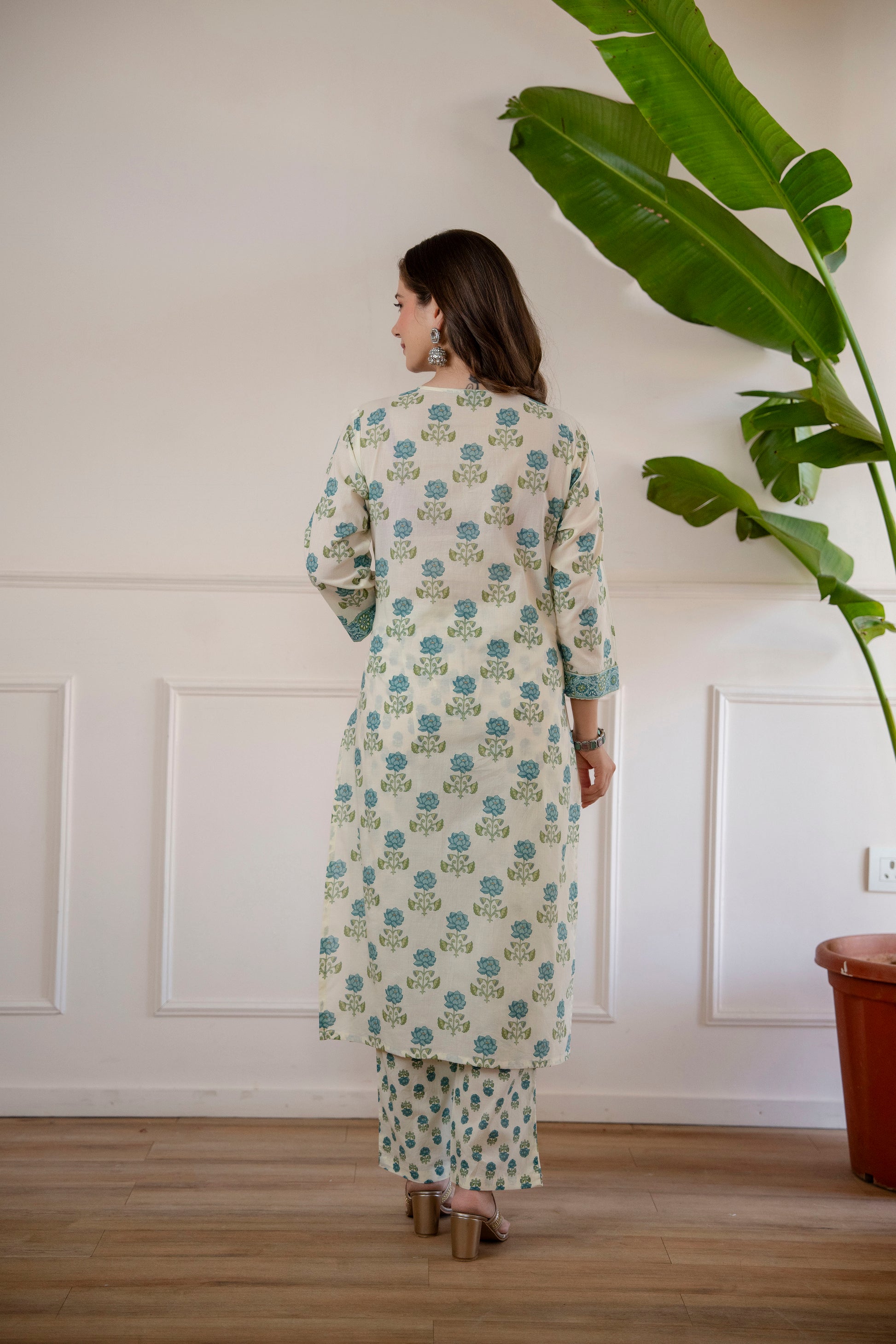White and green Printed Embroidered Kurta , Pant And Dupatta set.