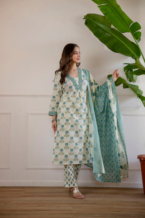 White and green Printed Embroidered Kurta , Pant And Dupatta set.