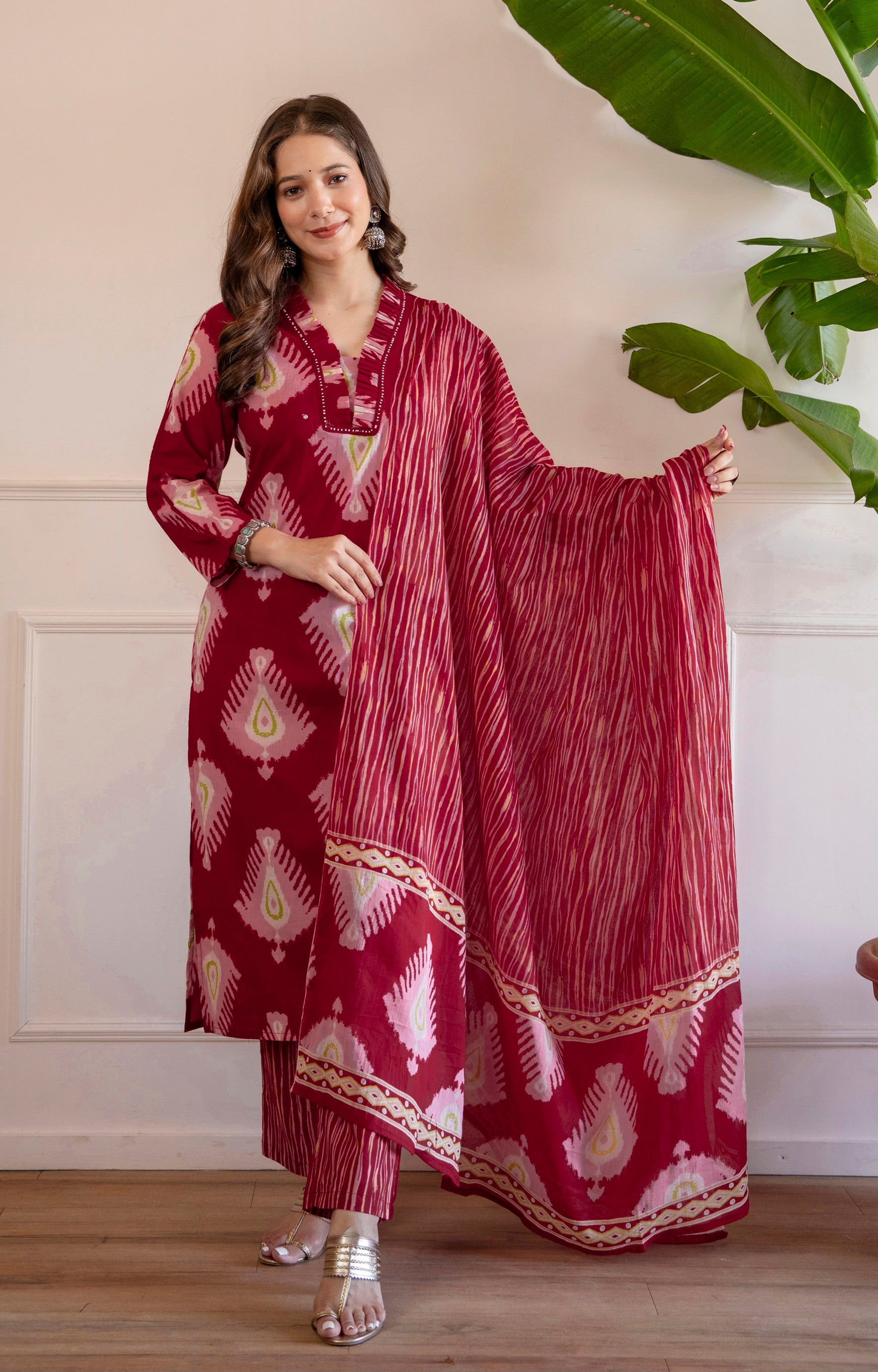 Red Printed Embroidered Kurta , Pant And Dupatta set.