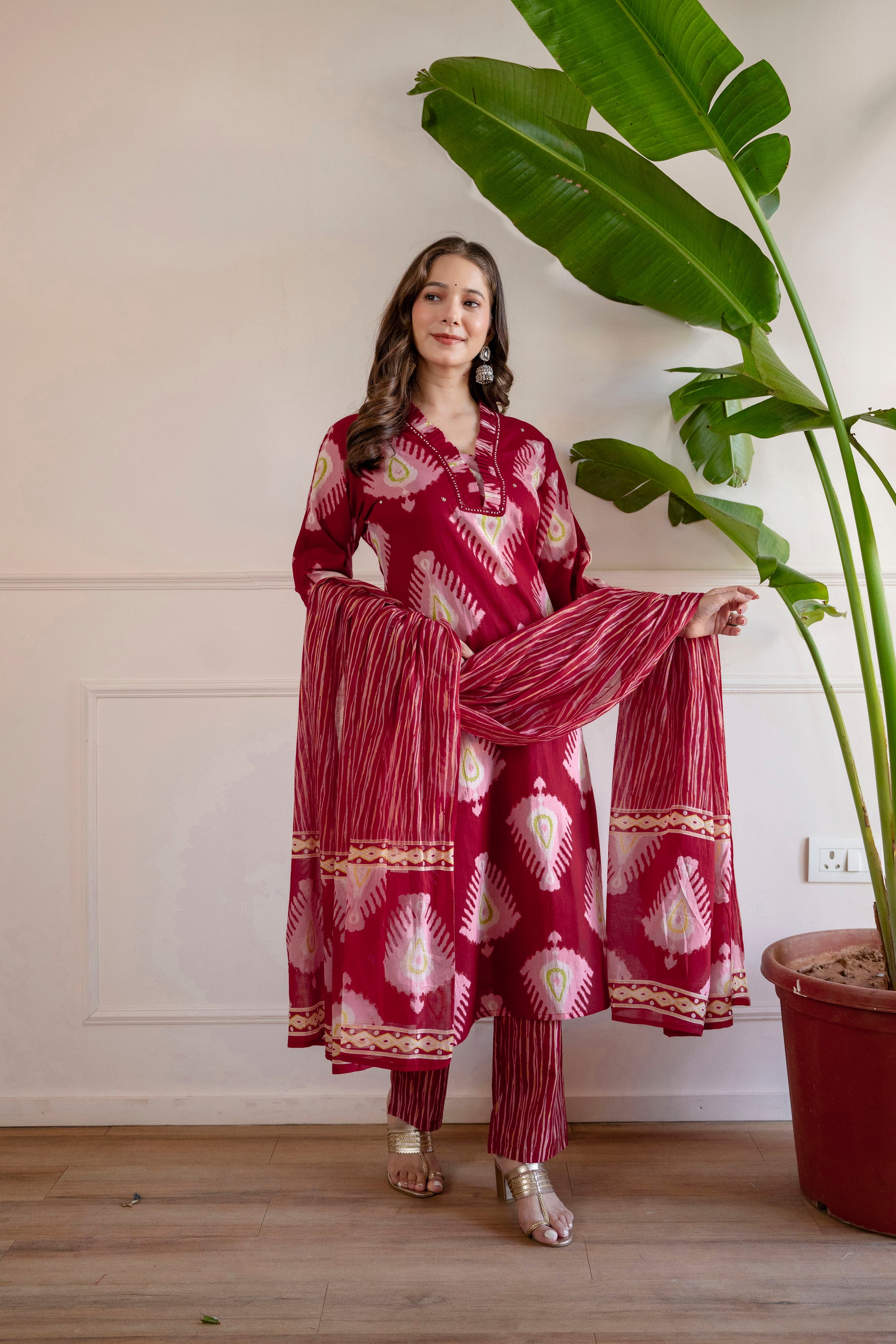 Red Printed Embroidered Kurta , Pant And Dupatta set.