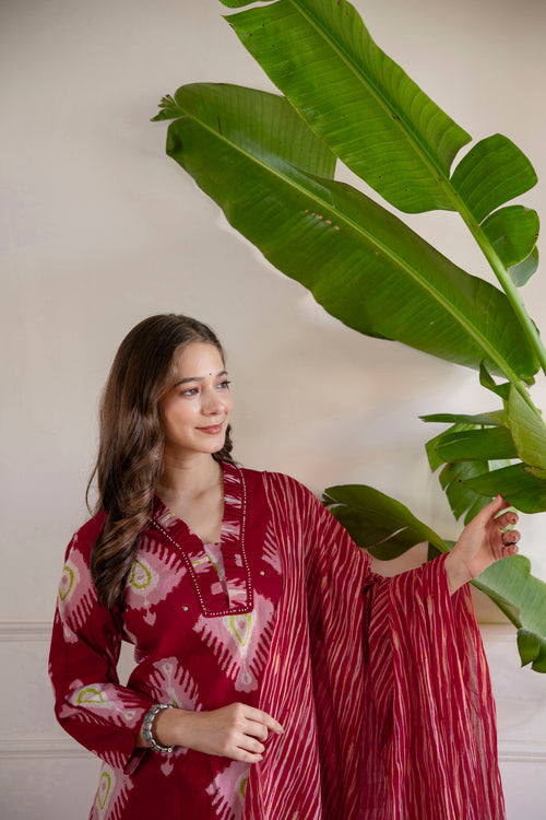 Red Printed Embroidered Kurta , Pant And Dupatta set.
