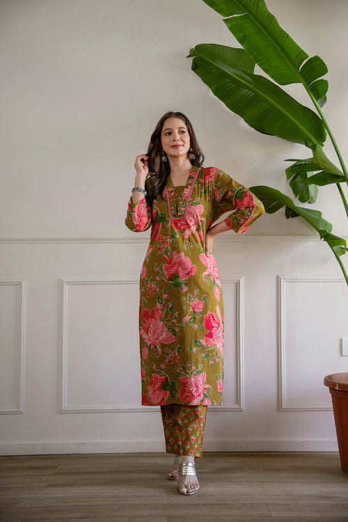 Mustard Printed Embroidered Kurta , Pant And Dupatta set.