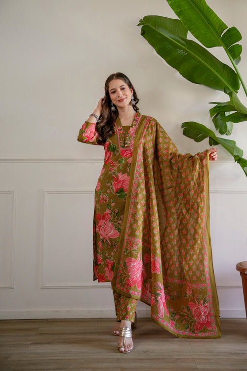 Mustard Printed Embroidered Kurta , Pant And Dupatta set.