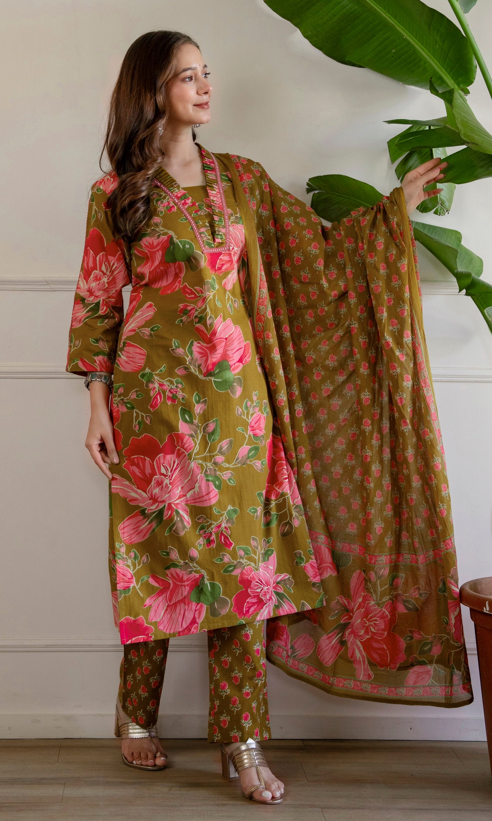 Mustard Printed Embroidered Kurta , Pant And Dupatta set.