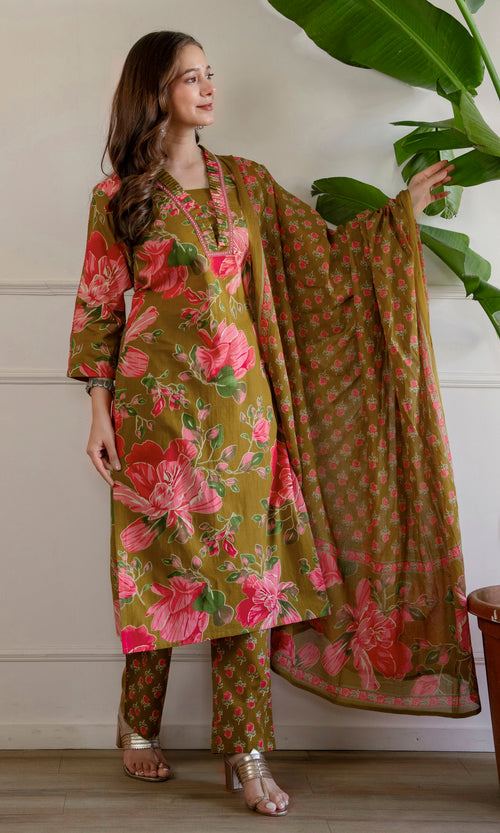 Mustard Printed Embroidered Kurta , Pant And Dupatta set.