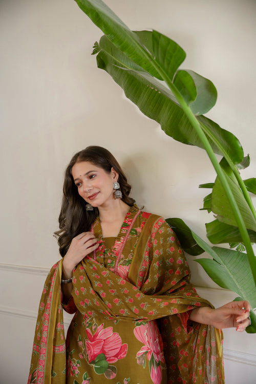 Mustard Printed Embroidered Kurta , Pant And Dupatta set.