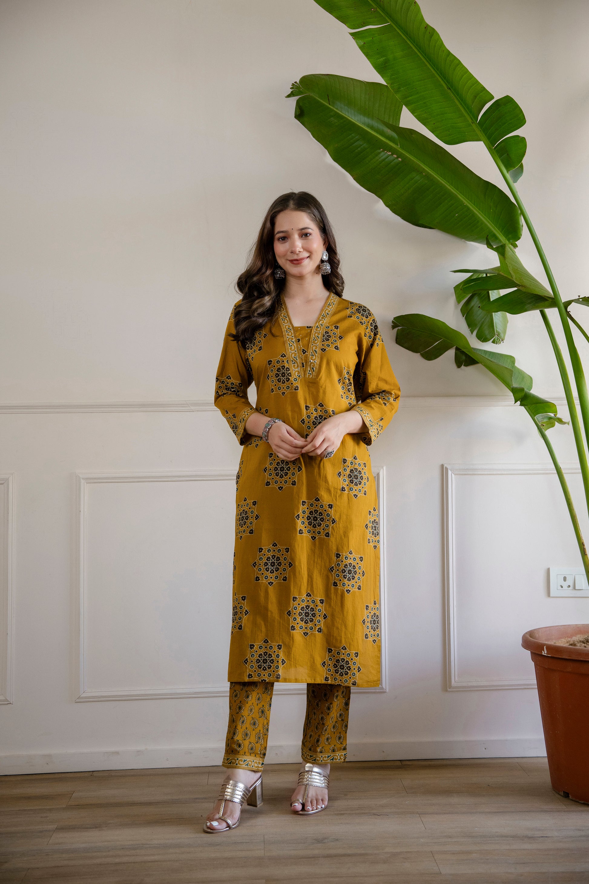 Yellow Printed Embroidered Kurta , Pant And Dupatta set.