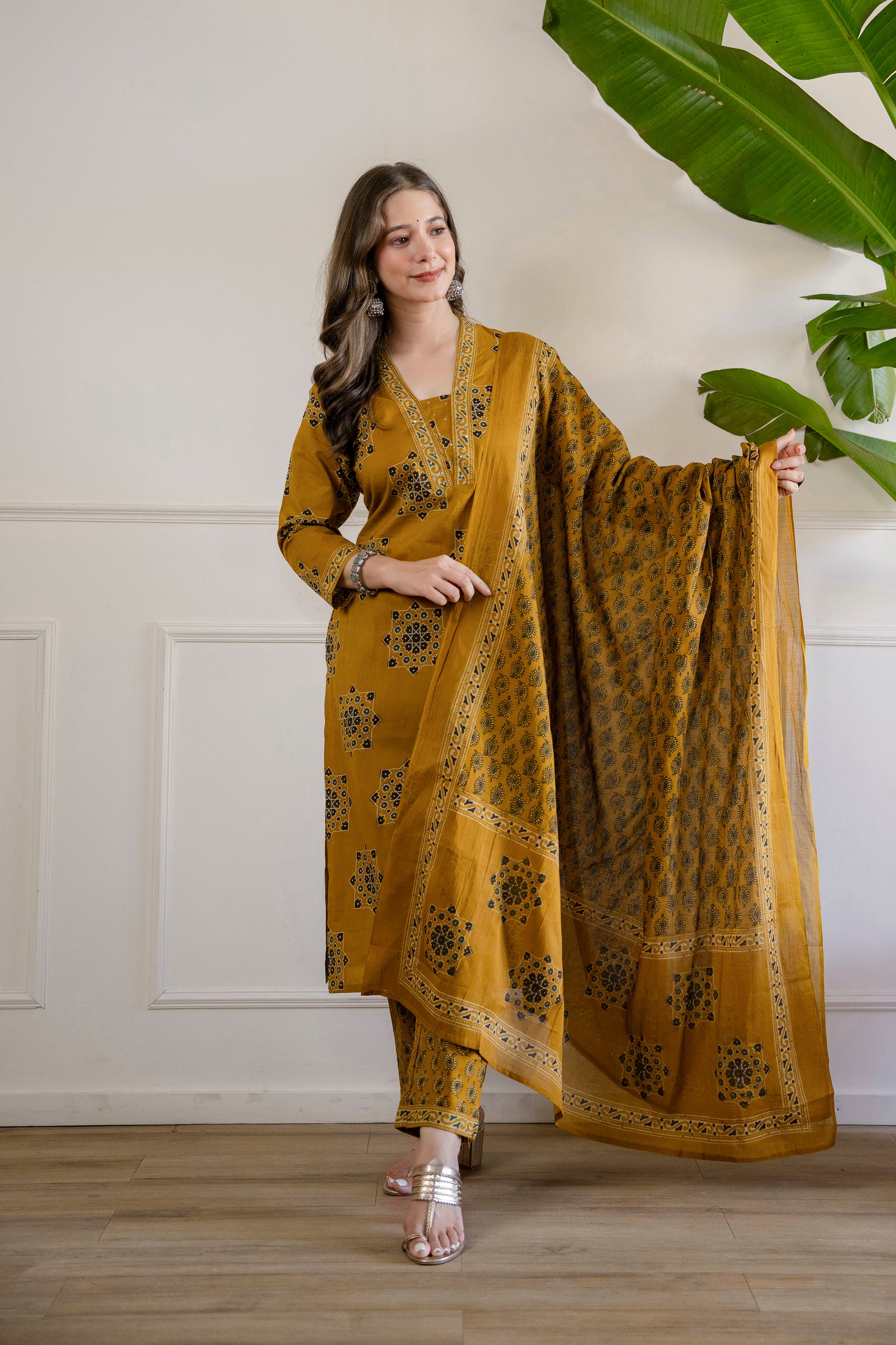 Yellow Printed Embroidered Kurta , Pant And Dupatta set.