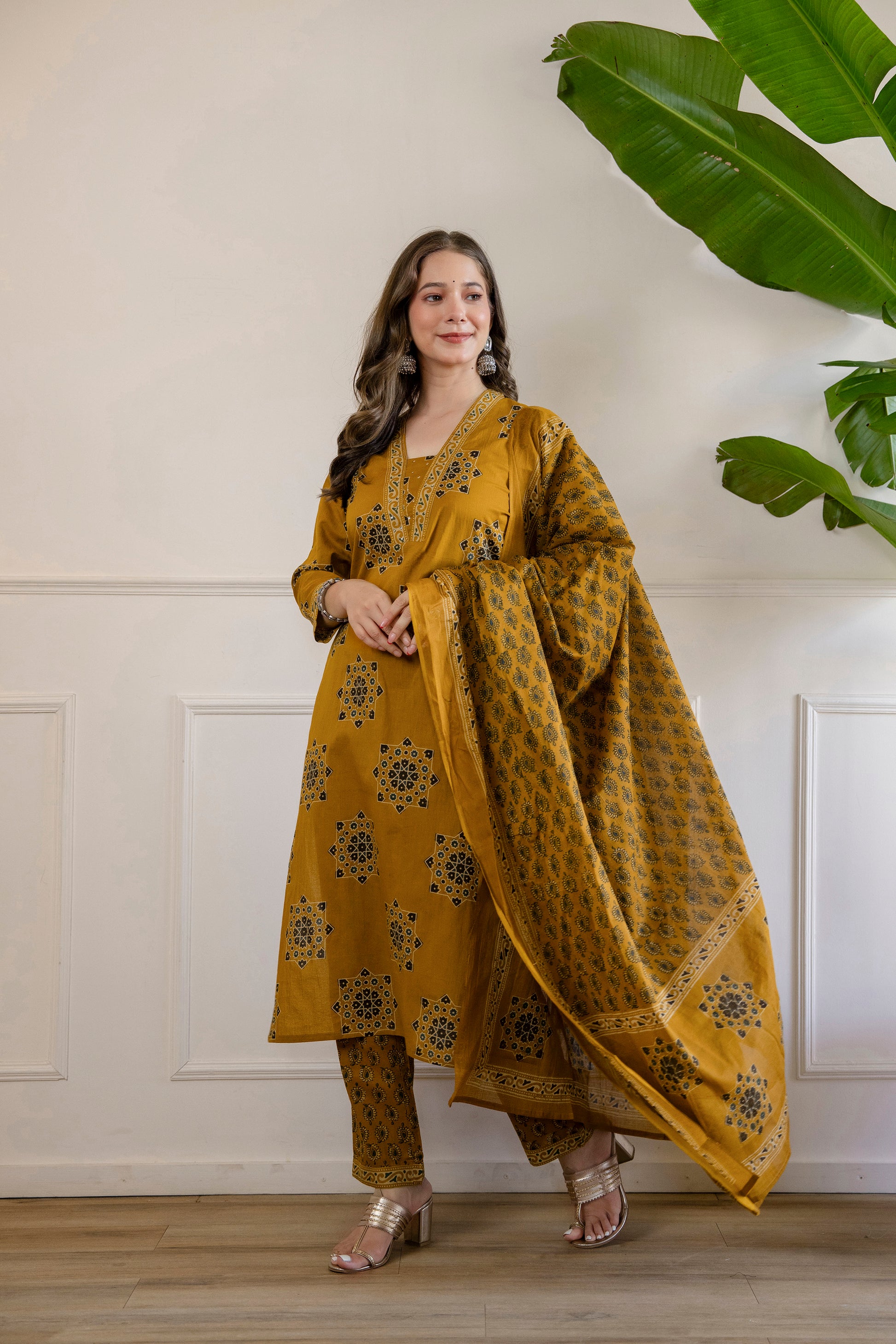 Yellow Printed Embroidered Kurta , Pant And Dupatta set.