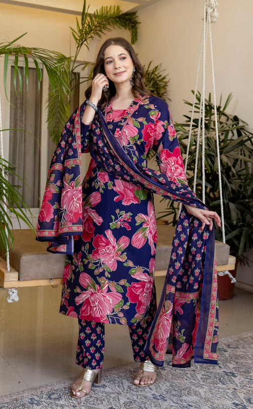 Multicolor Printed Embroidered Kurta , Pant And Dupatta set.