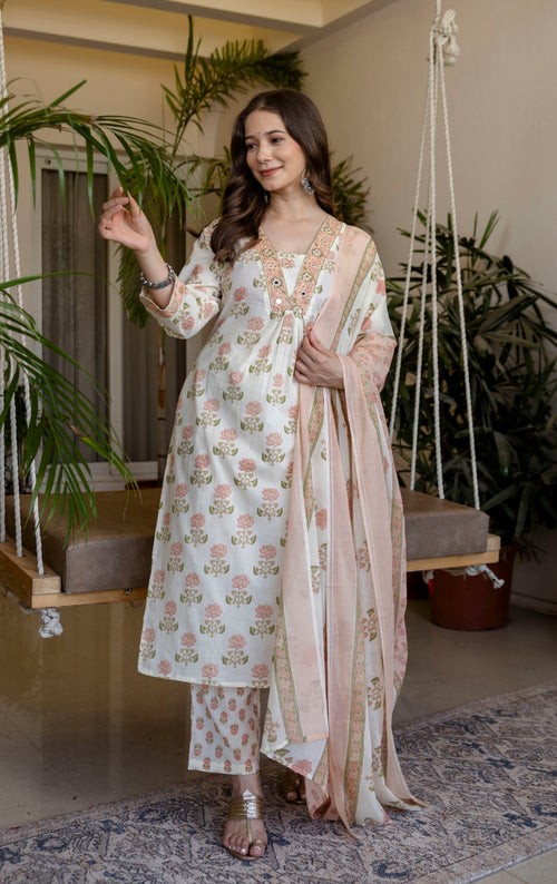 White And Peach Printed Embroidered Kurta , Pant And Dupatta set.