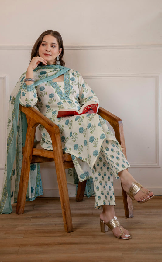 White and green Printed Embroidered Kurta , Pant And Dupatta set.