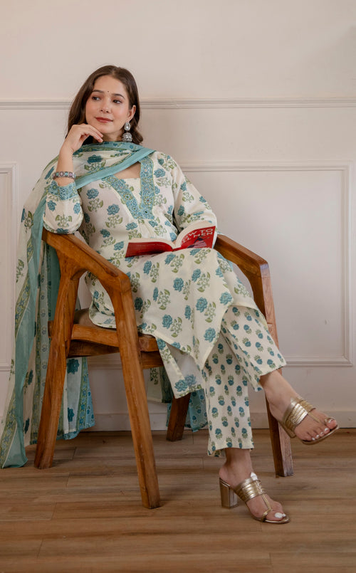 White and green Printed Embroidered Kurta , Pant And Dupatta set.