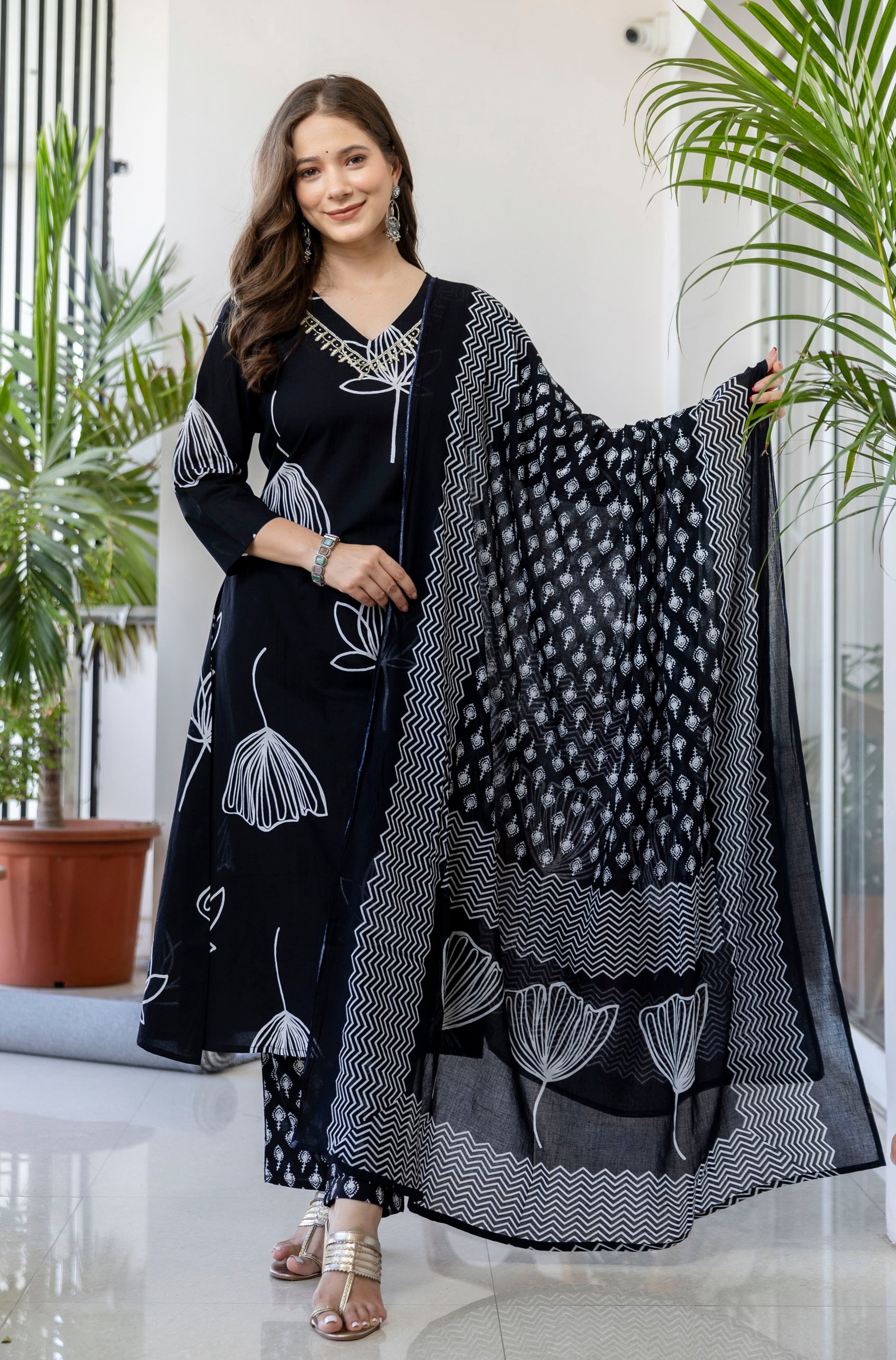 Navy Blue Printed Embroidered Kurta , Pant And Dupatta set.