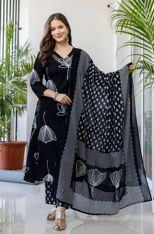 Navy Blue Printed Embroidered Kurta , Pant And Dupatta set.