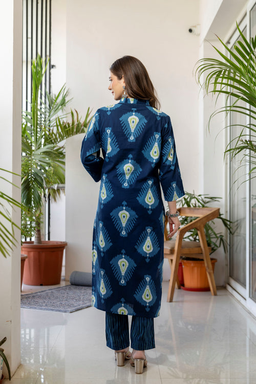 Blue Printed Embroidered Kurta , Pant And Dupatta set.