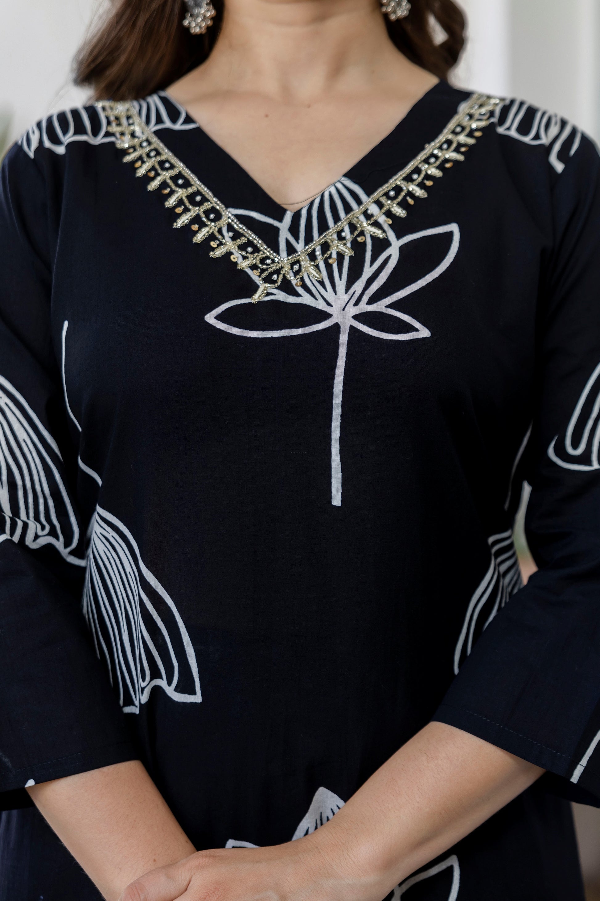 Navy Blue Printed Embroidered Kurta , Pant And Dupatta set.