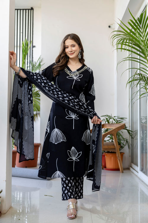 Navy Blue Printed Embroidered Kurta , Pant And Dupatta set.