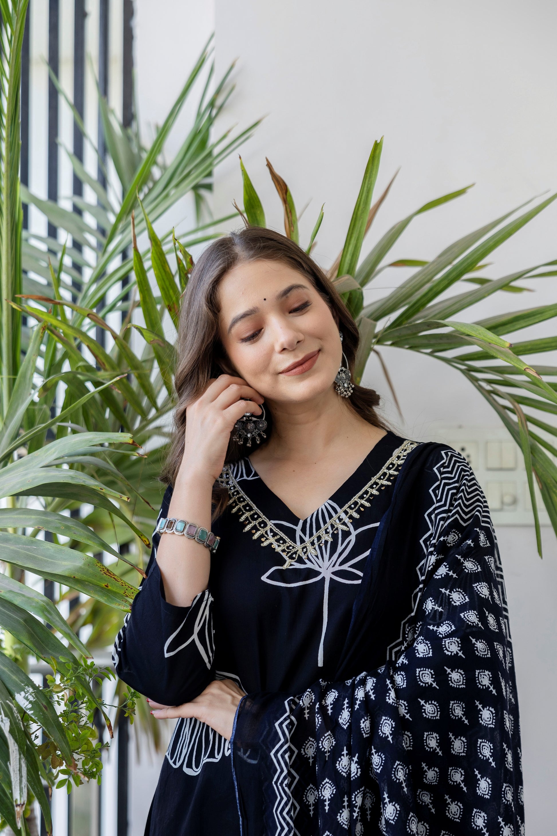 Navy Blue Printed Embroidered Kurta , Pant And Dupatta set.