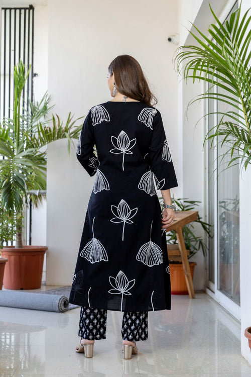 Navy Blue Printed Embroidered Kurta , Pant And Dupatta set.